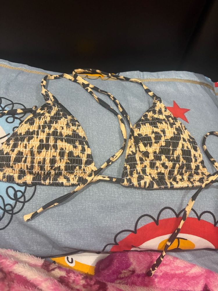 Leopard Print Smocked Bikini Top