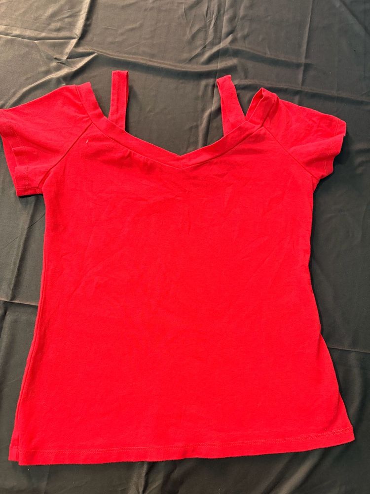 Red Cold Shoulder V-Neck Top