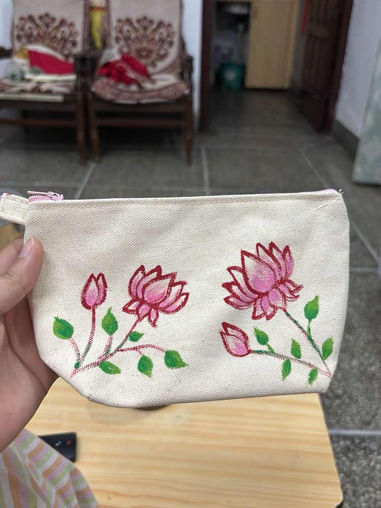 Hand-Painted Lotus Canvas Pouch
