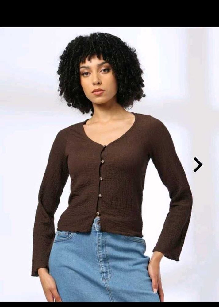 Brown Textured Button-Up Cardigan