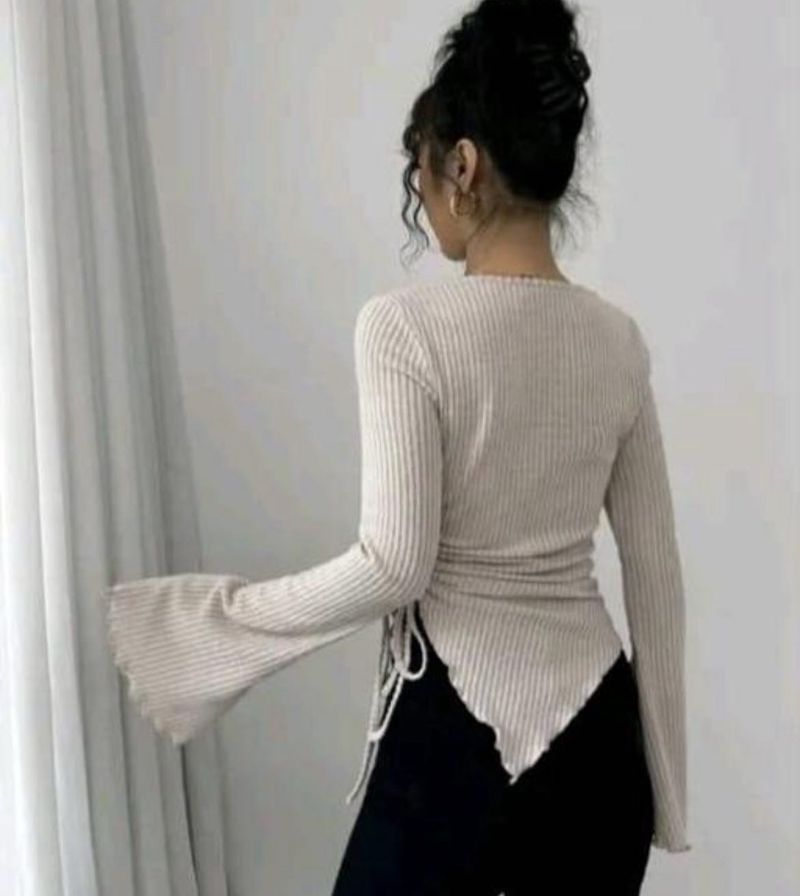 Ribbed Bell Sleeve Asymmetrical Top