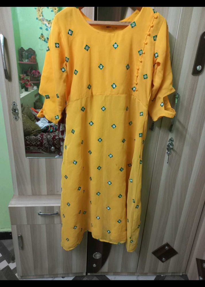 Yellow Mirror Work Kurti