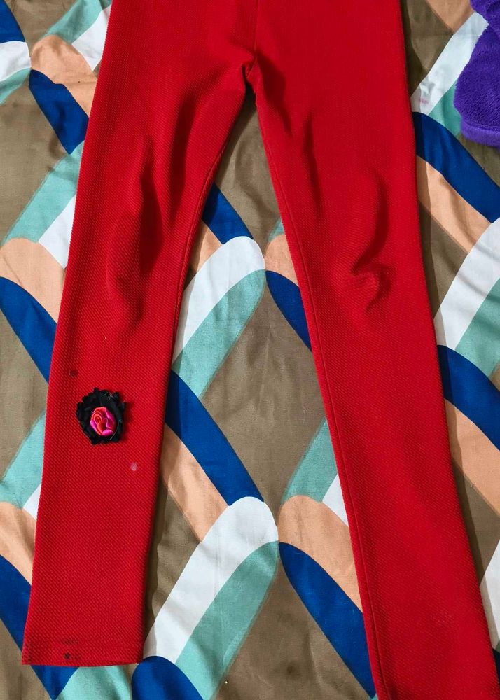 Red Textured Leggings with Floral Applique