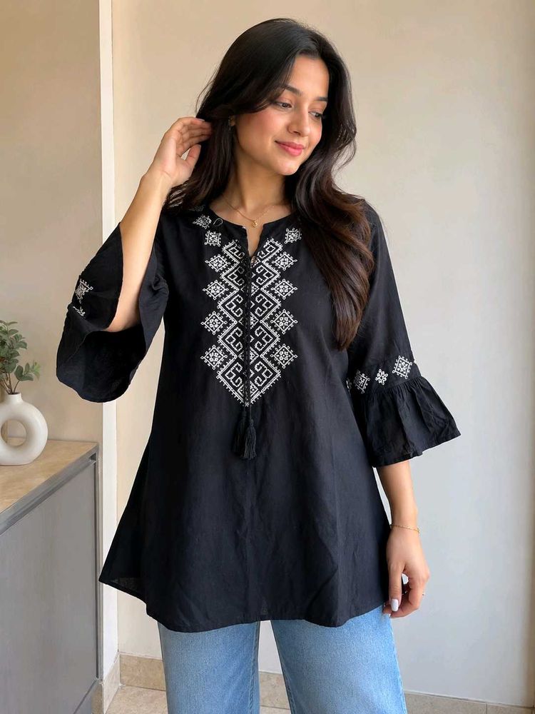 Embroidered Black Kurta Tunic Top