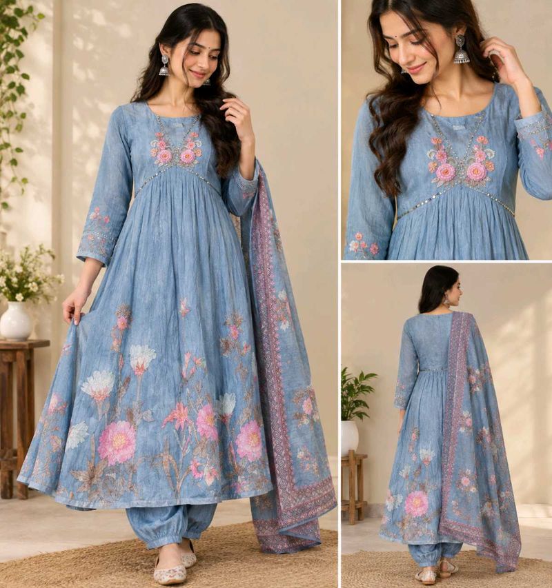 Light Blue Floral Kurta Set with Dupatta