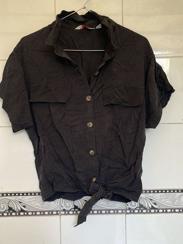 Black Tie-Front Short-Sleeve Top