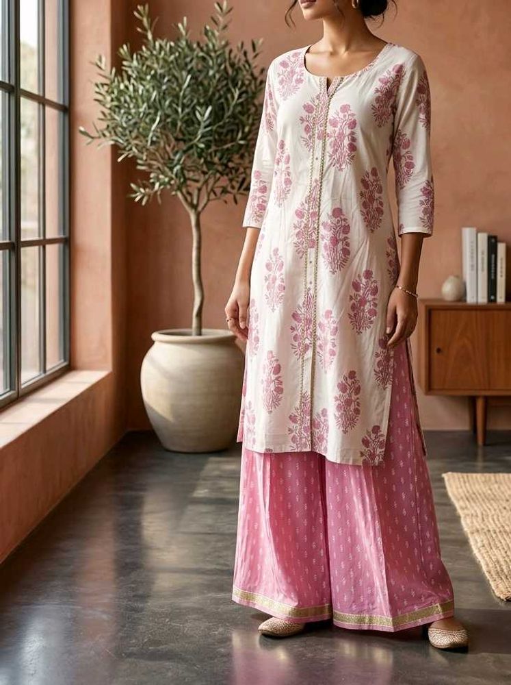 Elegant White &amp; Pink Floral Kurta Set