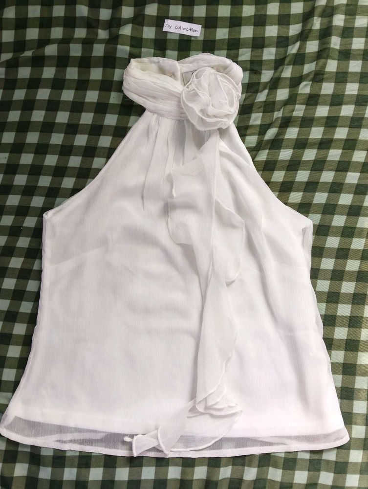 Elegant White Halter Neck Top with Flower Detail