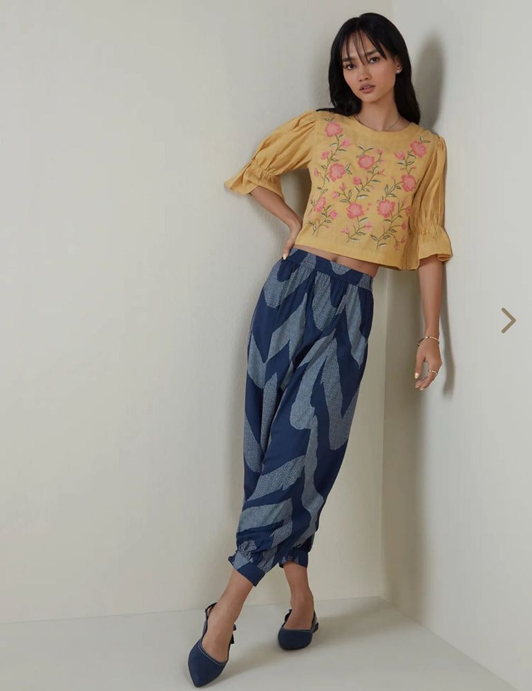 Embroidered Yellow Kurta With Blue Pants