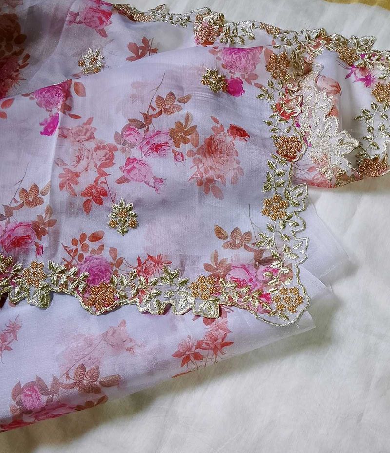 Floral print organza Saree with Embellished bo