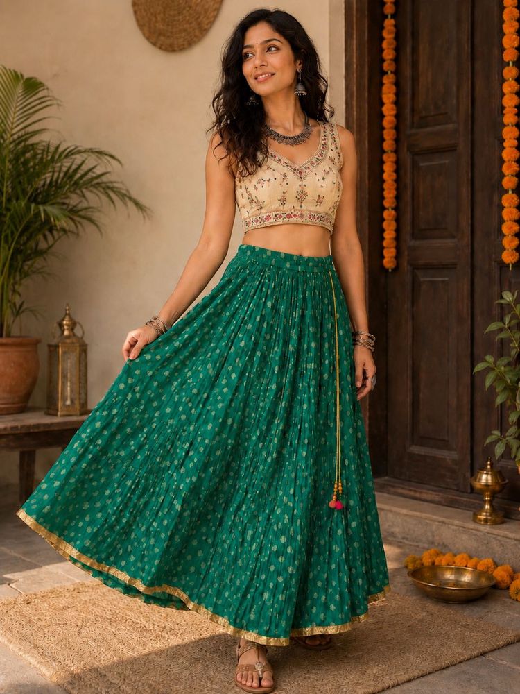 Full Flared Green Printed Ethnic Tiered Long Skirt