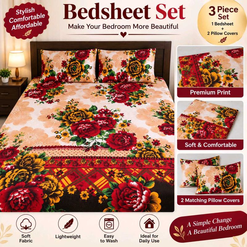 Beautiful Floral Printed Bedsheet with 2 Pillow Co