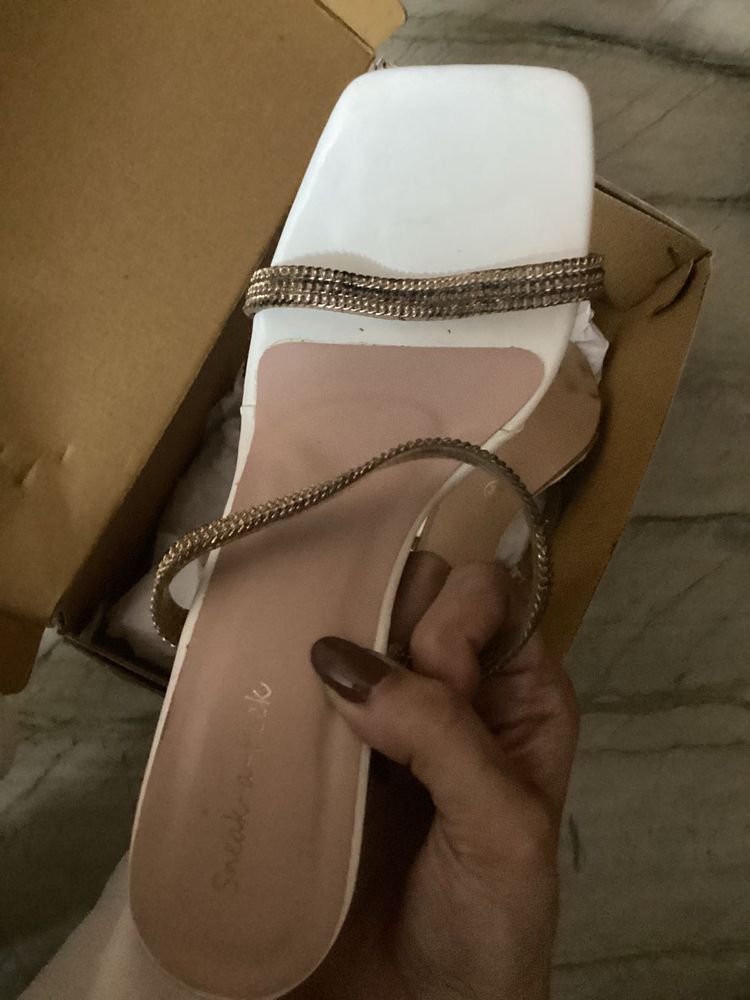 Elegant White Embellished Flat Sandals