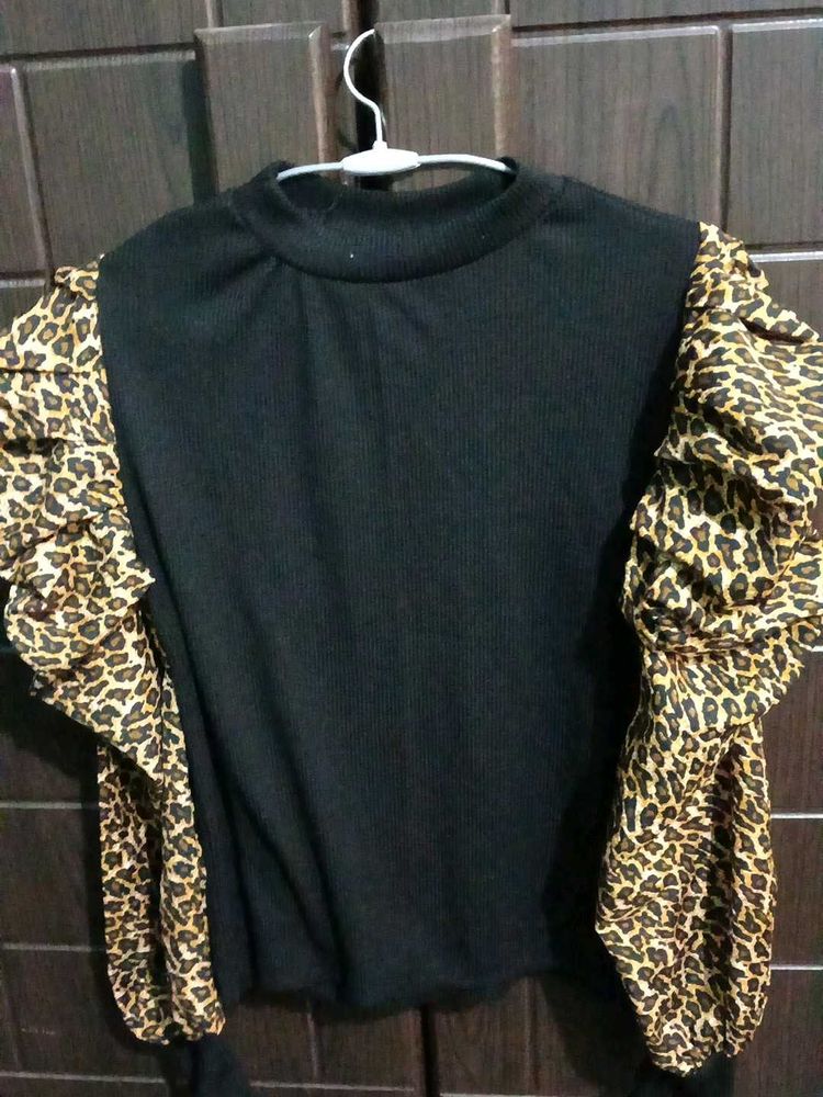 Black Top with Leopard Print Puff Sleeves