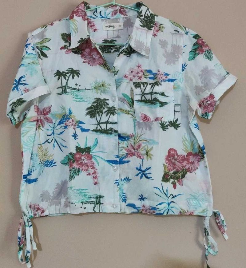 White Tropical Print Button-Up Shirt