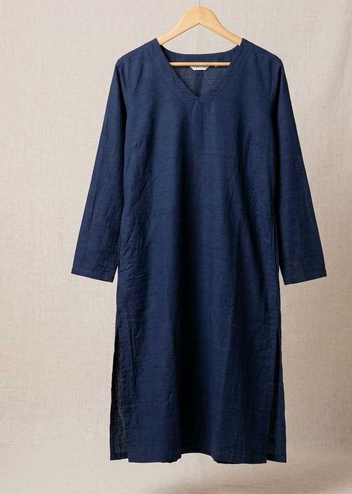 Navy Blue V-Neck Long Sleeve Kurta