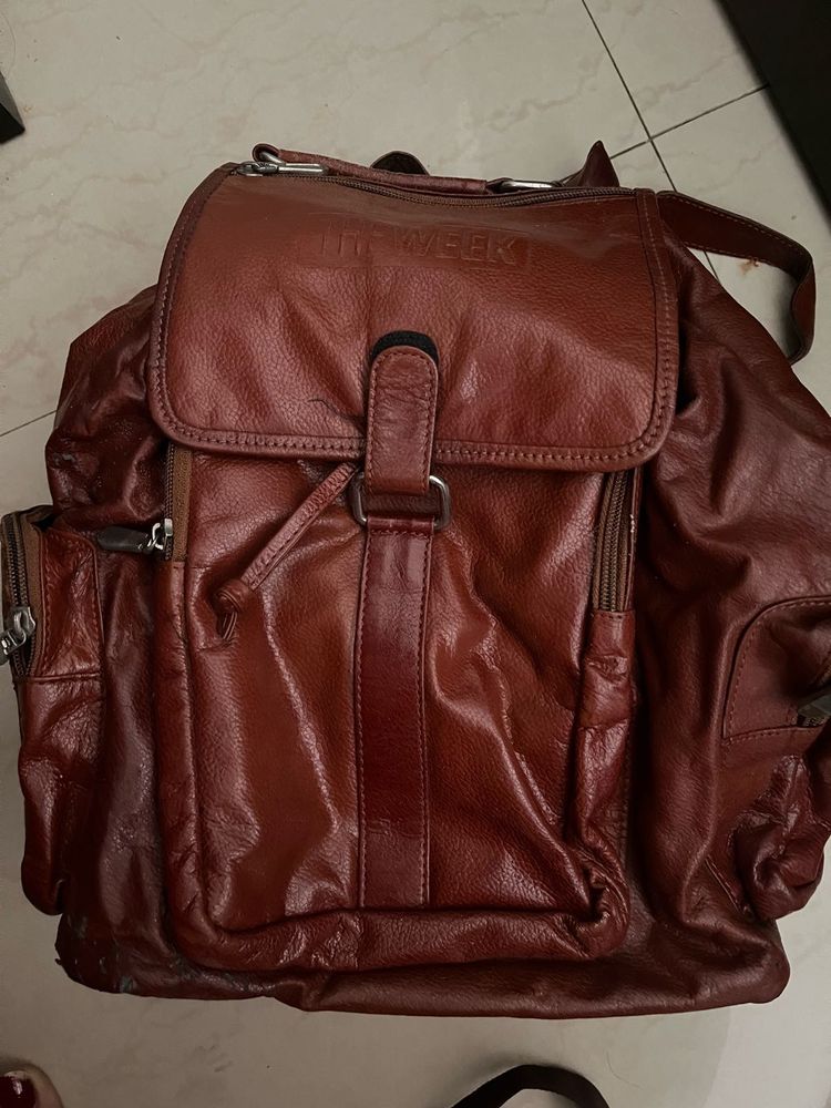Unisex Leather  Brown Medium Size Backpack