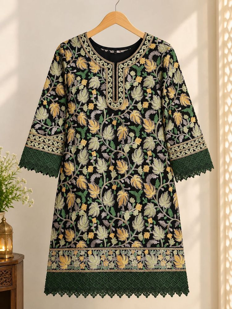 Embroidered Black Kurta with Green Lace