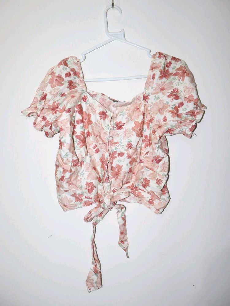 Floral Puff Sleeve Tie-Front Top