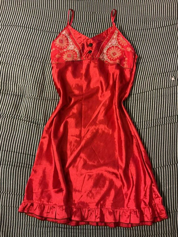 Satin Red  Lace Trim Dress