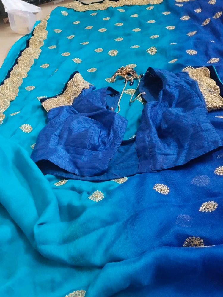 Blue Embroidered Saree &amp; Blouse
