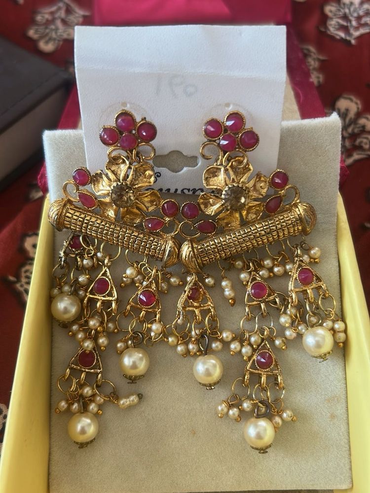 Stunning Pearl &amp; Ruby Drop Earrings