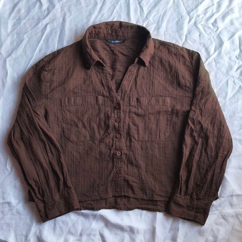 Brown Striped Button-Up Top