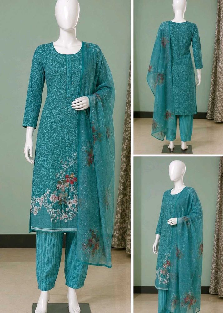 Teal Floral Dress Material Set