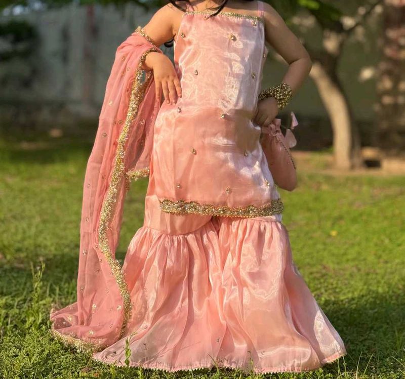 Girls Pink Embroidered Sharara Set with Dupatta
