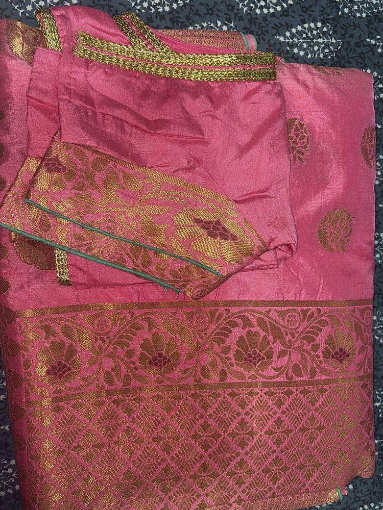 Elegant Pink Silk Saree with Gold Weave Blouse