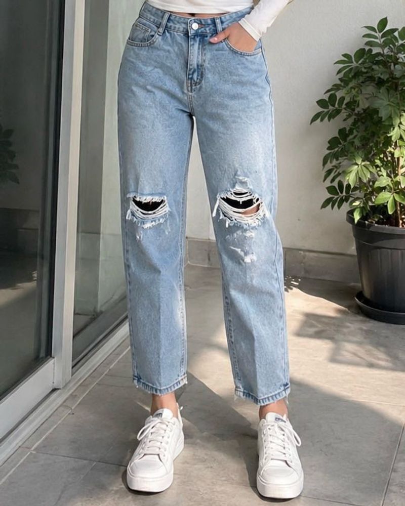 ankle length ripped mom jeans