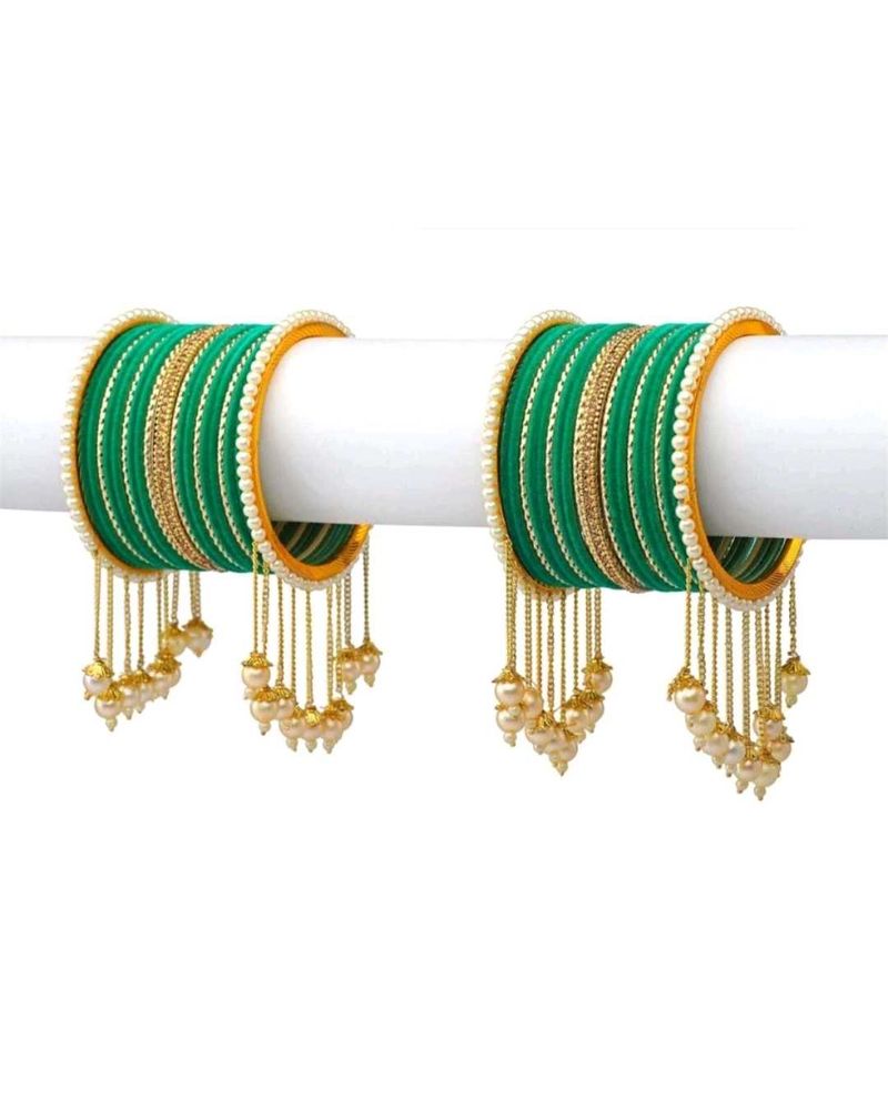 Elegant Green &amp; Gold Bangles with Pearl Dangles