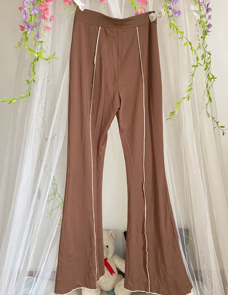 Brown Flared Trousers with Piping