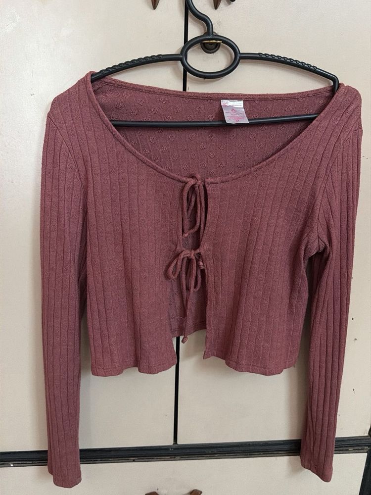 Mauve Ribbed Tie-Front Top