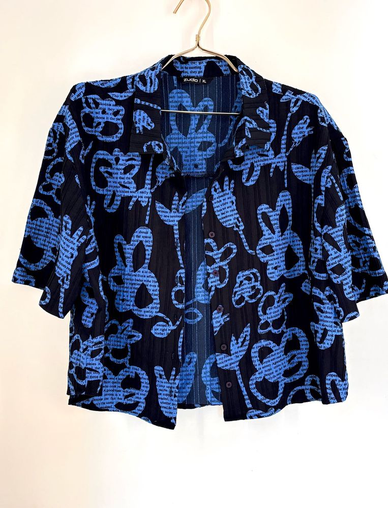 Blue Graphic Print Button-Up Shirt