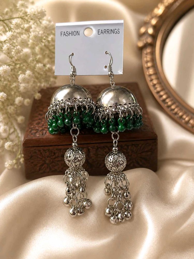 Green Silver Jhumka Earrings