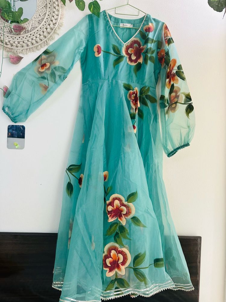 Teal Blue Handpainted Floral Anarkali pant set