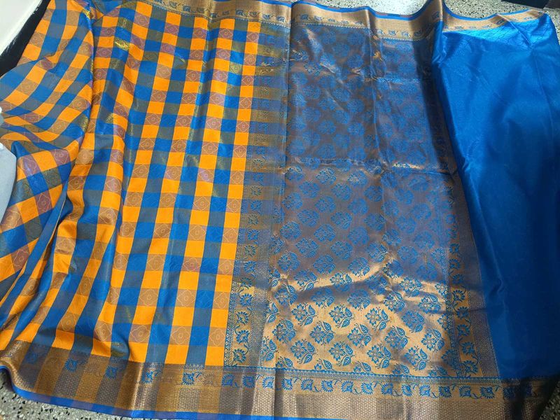 Blue and Yellow Checks saree