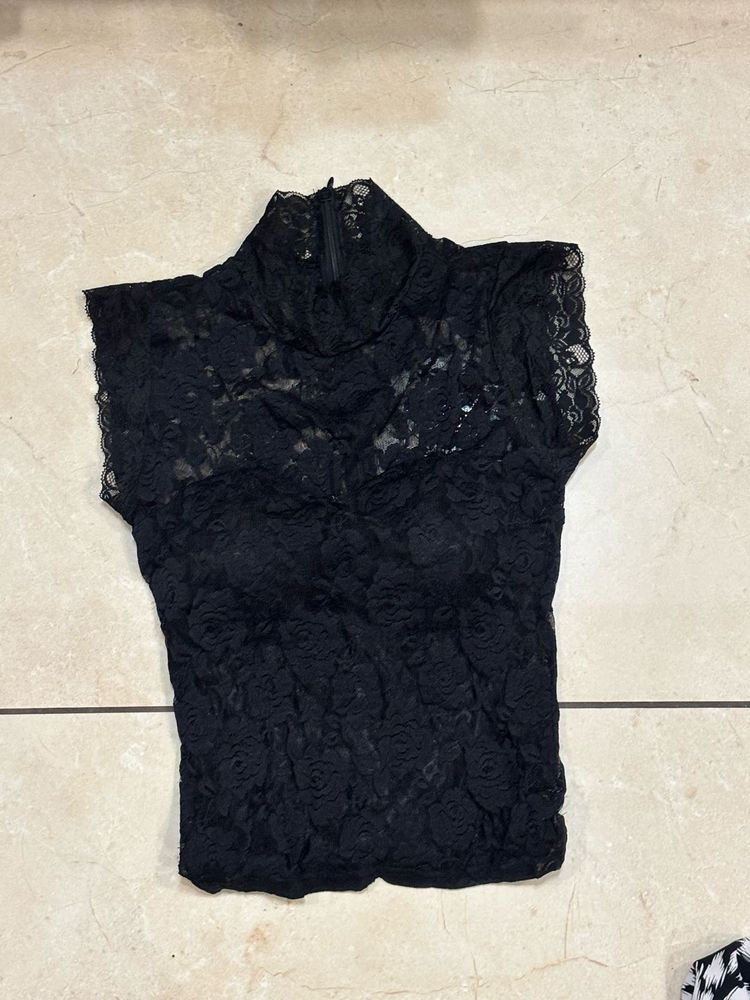 Black Lace Mock Neck Top