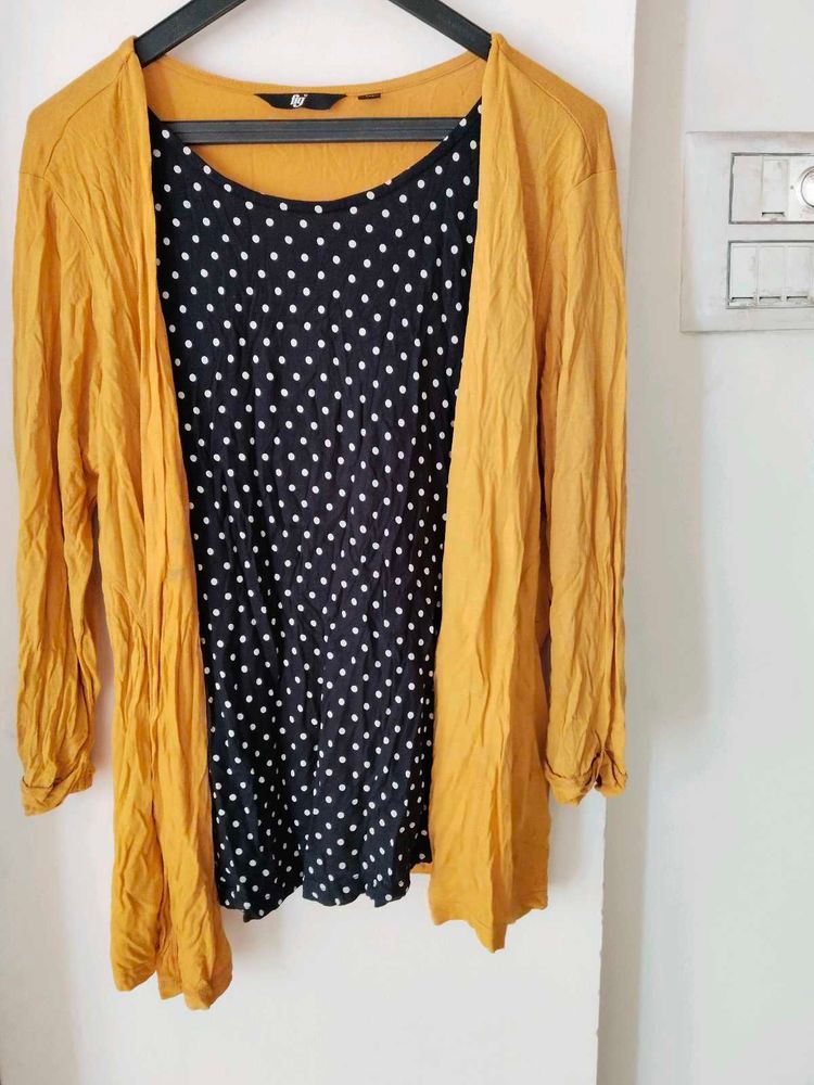 Mustard Cardigan with Polka Dot Top