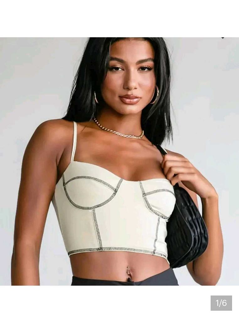 Cream Corset Top with Contrast Stitching