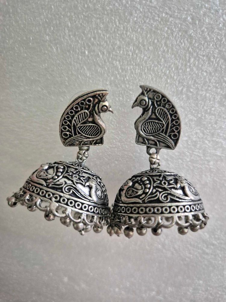 Oxidized Silver Peacock Jhumka Earrings