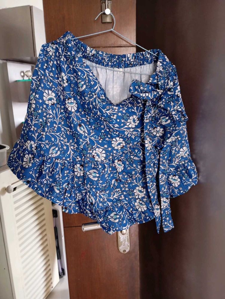 Boho Blue Floral Ruffle Top