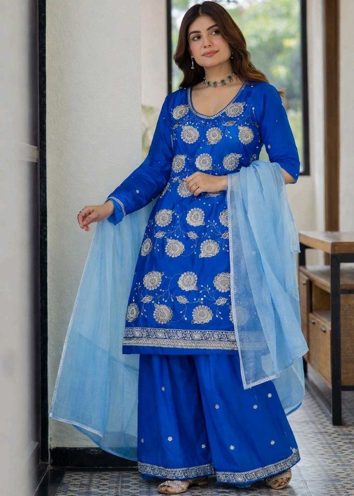 Royal Blue Embroidered Suit with Silver Work