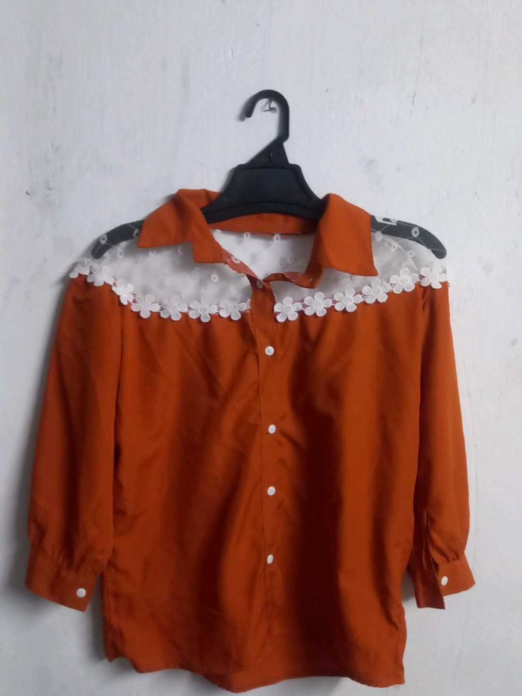 Chic Orange Lace Trim Blouse