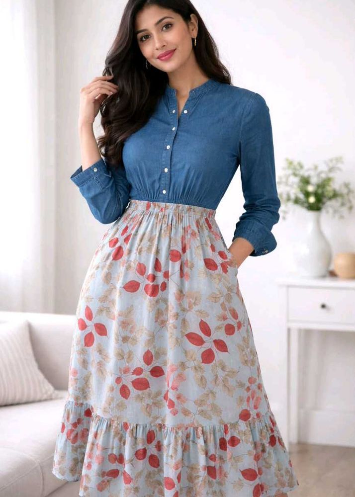 Chic Denim &amp; Floral Midi Dress
