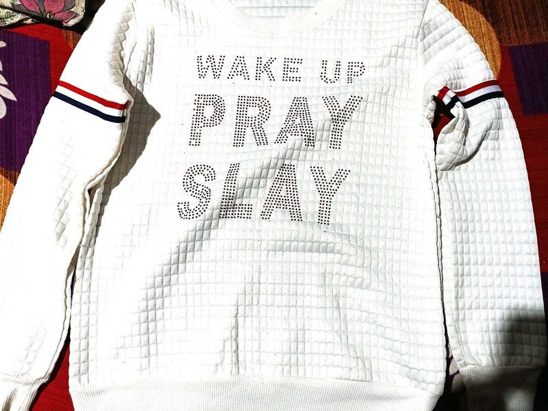 White Sweatshirt with "Wake Up Pray Slay" Rhinesto