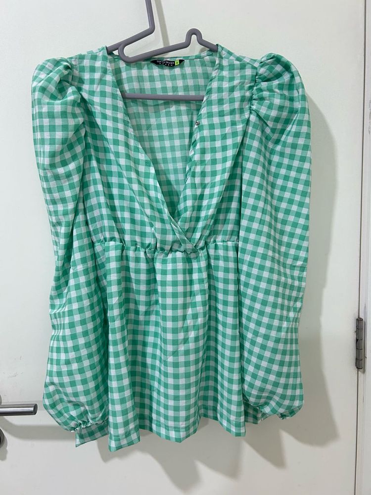 Green Gingham Puff-Sleeve Peplum Top
