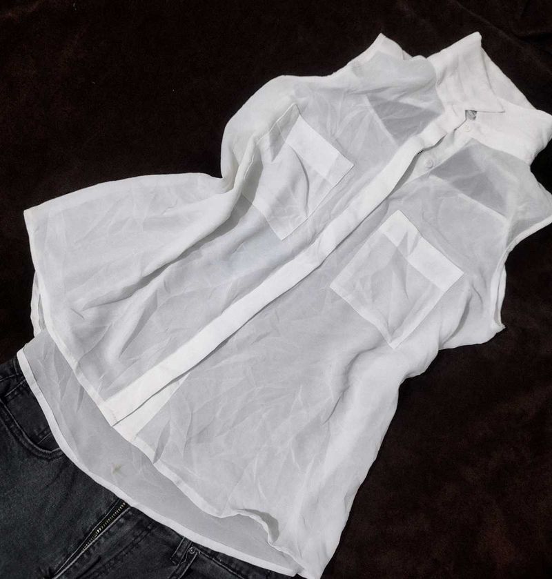 Sheer White Sleeveless Button-Up Top