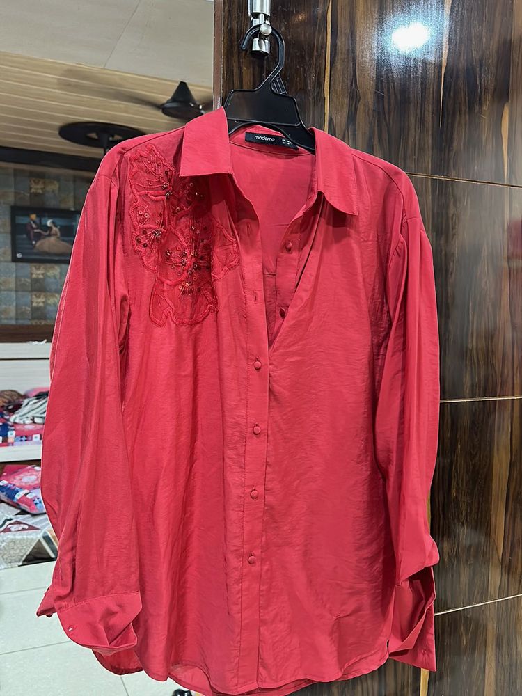 Red Embellished Button-Down Shirt